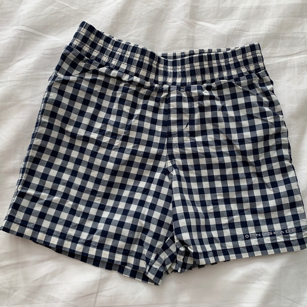 Columbia PFG Omni-Shade blue white gingham pattern shorts boys size XXS 4/5